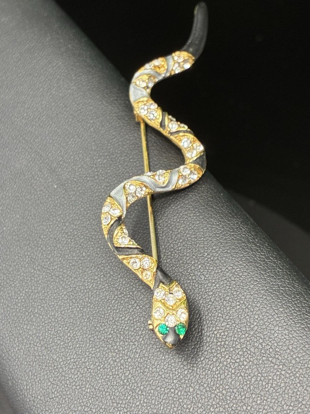 Vintage Rhinestones Enameled Snake Pin 3.25” Inches Long